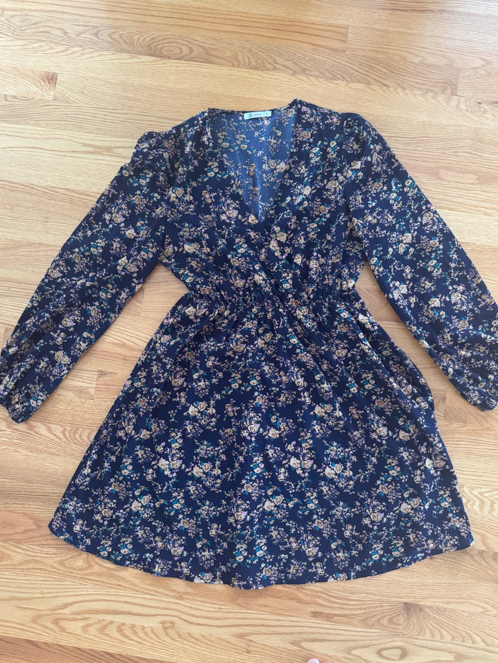 Cupshe Navy Floral Print Long Sleeve Dress with Flowers- Medium